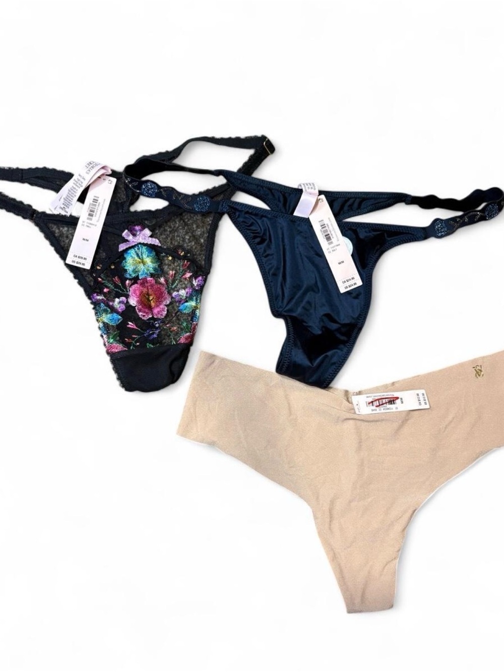 Victoria's Secret Three-Pack Thong Set — Black Floral, Navy, Nude